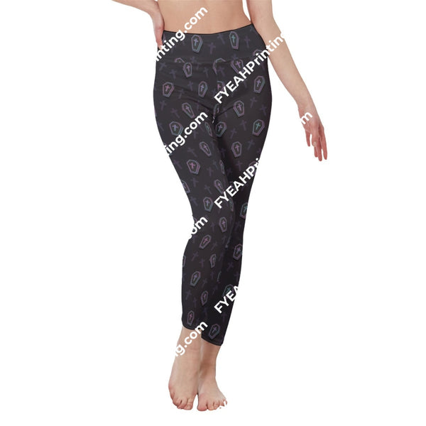 Gothic Coffins And Crosses All-Over Print Womens High Waist Leggings | Side Stitch Closure 2Xl /