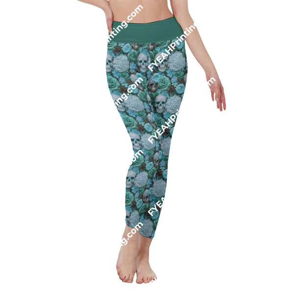 Teal Embroidered Skull All-Over Print Womens High Waist Leggings | Side Stitch Closure 2Xl / White
